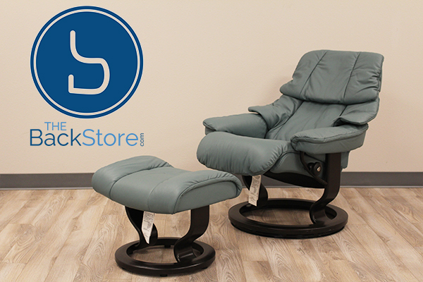 Stresslesss Tampa Small Reno Recliner and Ottoman in Paloma Aqua Green