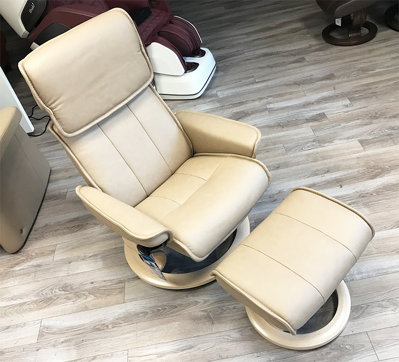 Stressless Admiral Classic Base Paloma Sand Leather Recliner Chair and Ottoman in Natural Wood Stain by Ekornes
