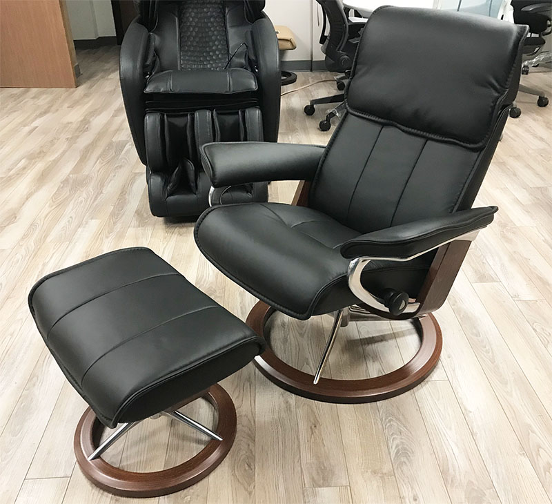 Stressless Admiral Signature Chrome Base Paloma Black Leather Recliner Chair and Ottoman by Ekornes