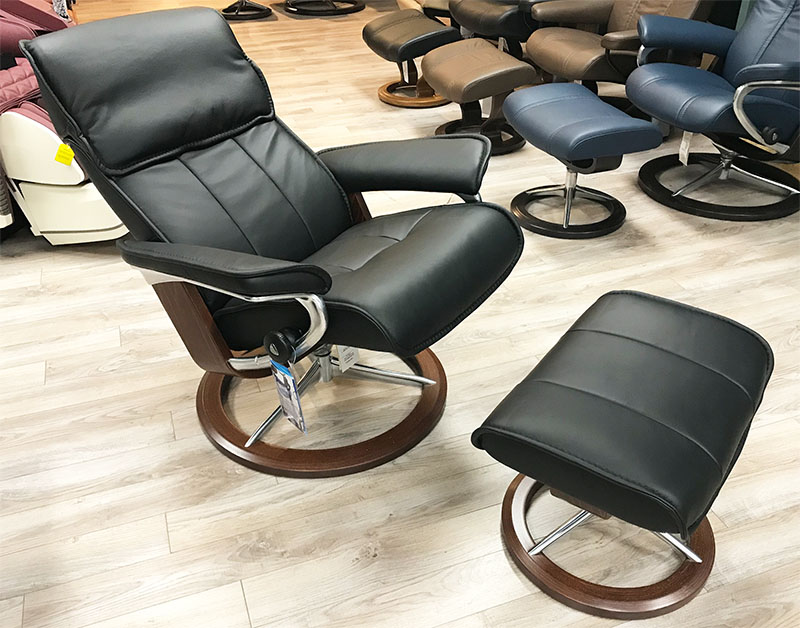 Stressless Admiral Signature Chrome Base Paloma Black Leather Recliner Chair and Ottoman by Ekornes