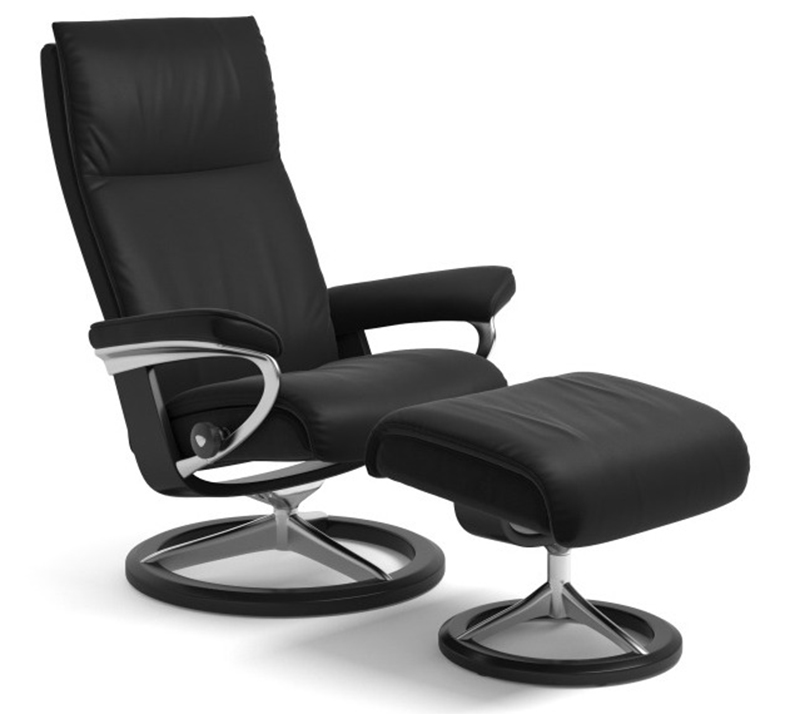 Stressless Aura Signature Paloma Black Leather Recliner Chair and Ottoman by Ekornes