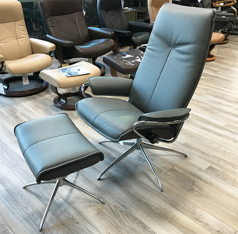 Stressless City High Back Batick Grey Leather Recliner Chair and Ottoman by Ekornes