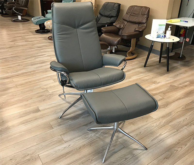 Stressless City High Back Batick Grey Leather Recliner Chair and Ottoman by Ekornes