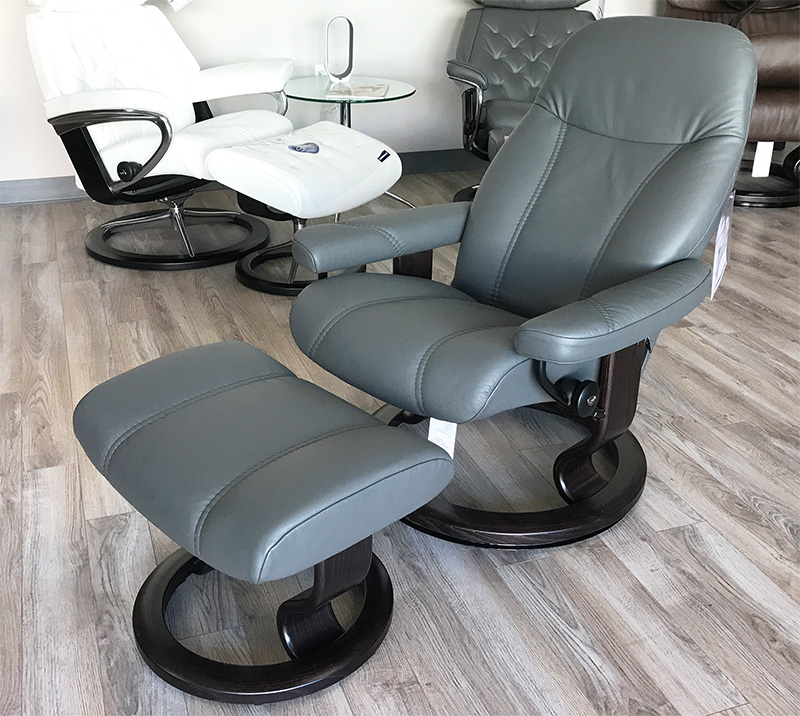 Stressless Consul Recliner Chair and Ottoman Batick Grey Leather by Ekornes