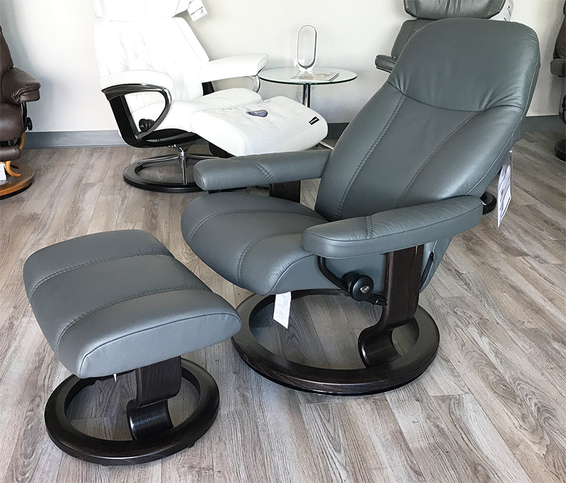 Stressless Consul Recliner Chair and Ottoman Batick Grey Leather by Ekornes