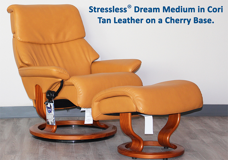 Stressless Recliner Chair Dream Medium Cori Tan Leather and Ottoman by Ekornes