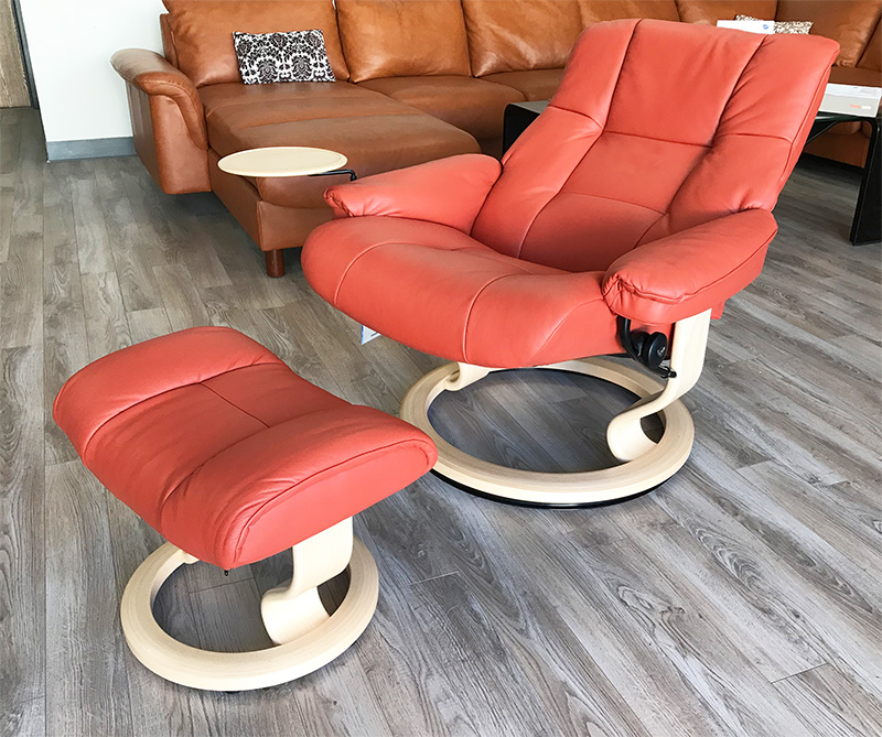 Stressless Large Mayfair Paloma Henna Leather Recliner Chair and Ottoman with Natural Wood by Ekornes