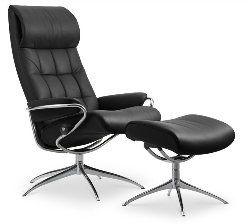 Stressless London High Back Recliner Chair and Ottoman in Paloma Black Leather 