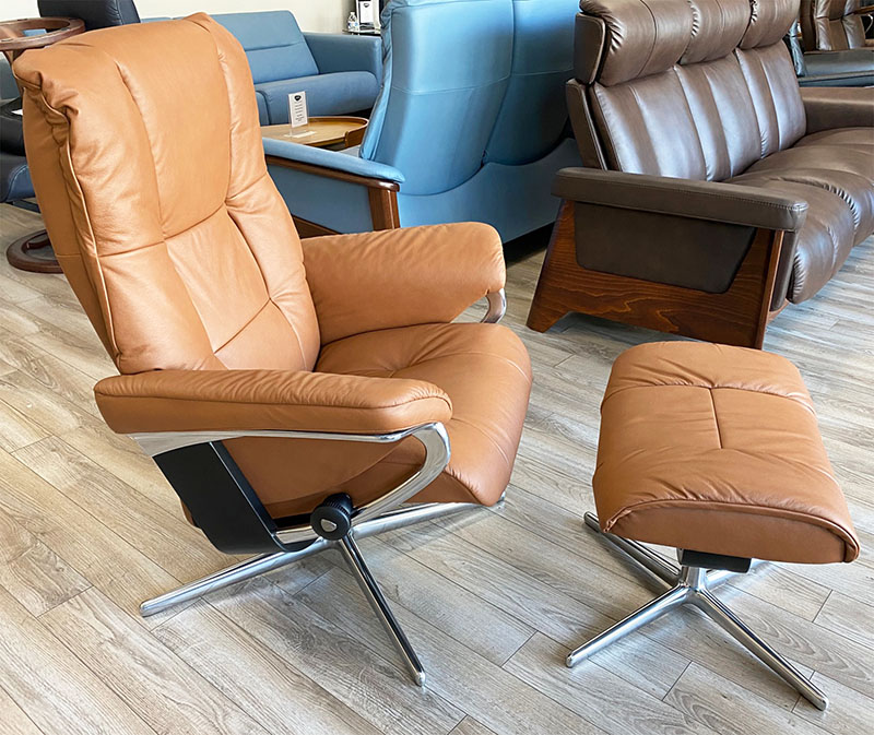 Stressless Mayfair Cross Polished Aluminum Base Paloma Cognac Leather Recliner Chair by Ekornes