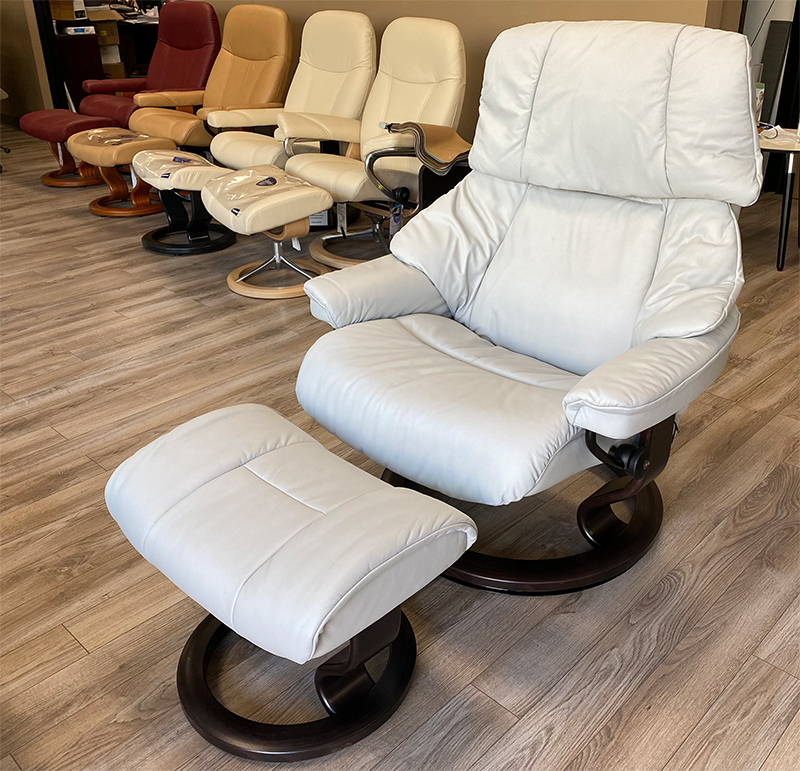 Stressless Reno Paloma Misty Grey Leather Recliner Chair and Ottoman with Wenge Wood Stain Classic Base by Ekornes