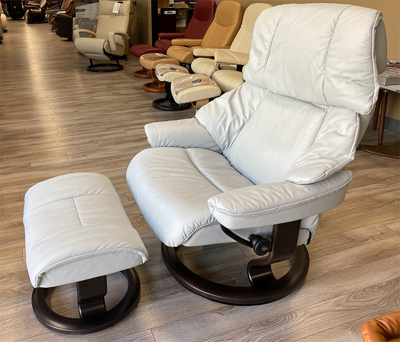 Stressless Reno Paloma Misty Grey Leather Recliner Chair and Ottoman with Wenge Wood Stain Classic Base by Ekornes