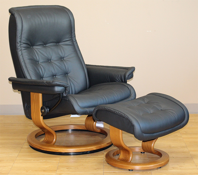 Stressless Royal Recliner Chair and Ottoman in Paloma Black Leather by Ekornes