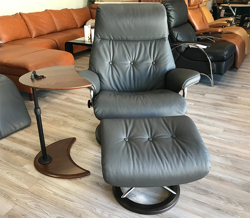 Stressless Sky Signature Wenge Wood Base Recliner Chair and Ottoman in Paloma Rock Leather