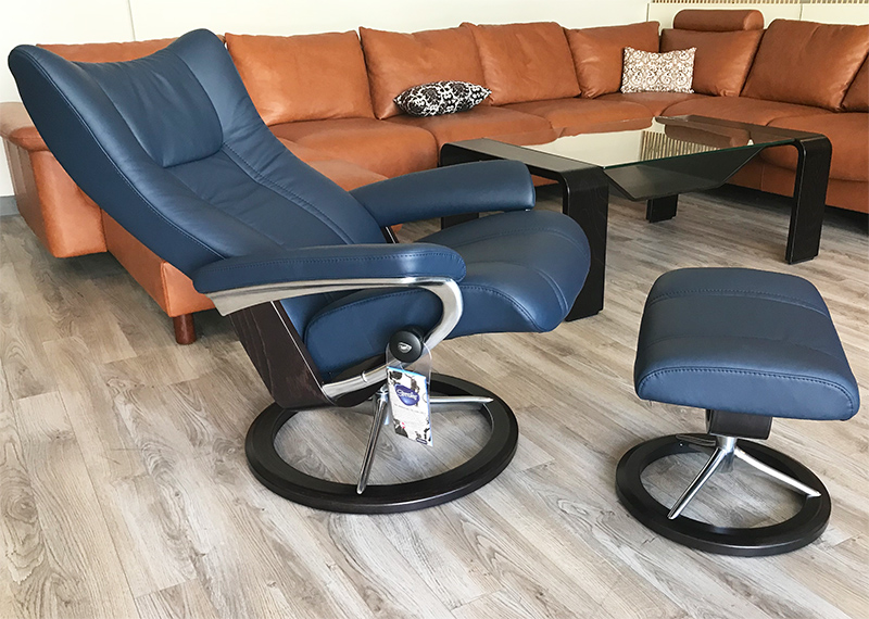 Stressless Wing Signature Chrome Base Recliner Chair and Ottoman in Paloma Oxford Blue Leather