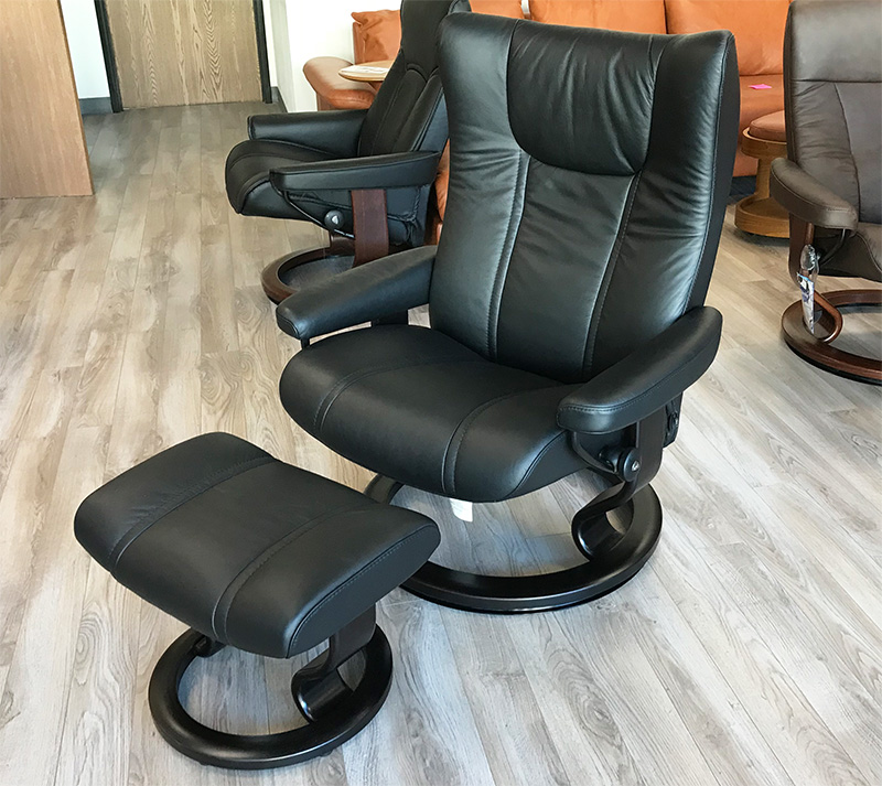 Stressless Wing Ekornes Recliner Chair and Ottoman in Paloma Black Leather