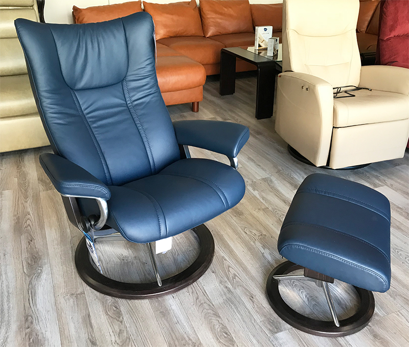 Stressless Wing Signature Wenge Wood Base Recliner Chair and Ottoman in Paloma Oxford Blue Leather