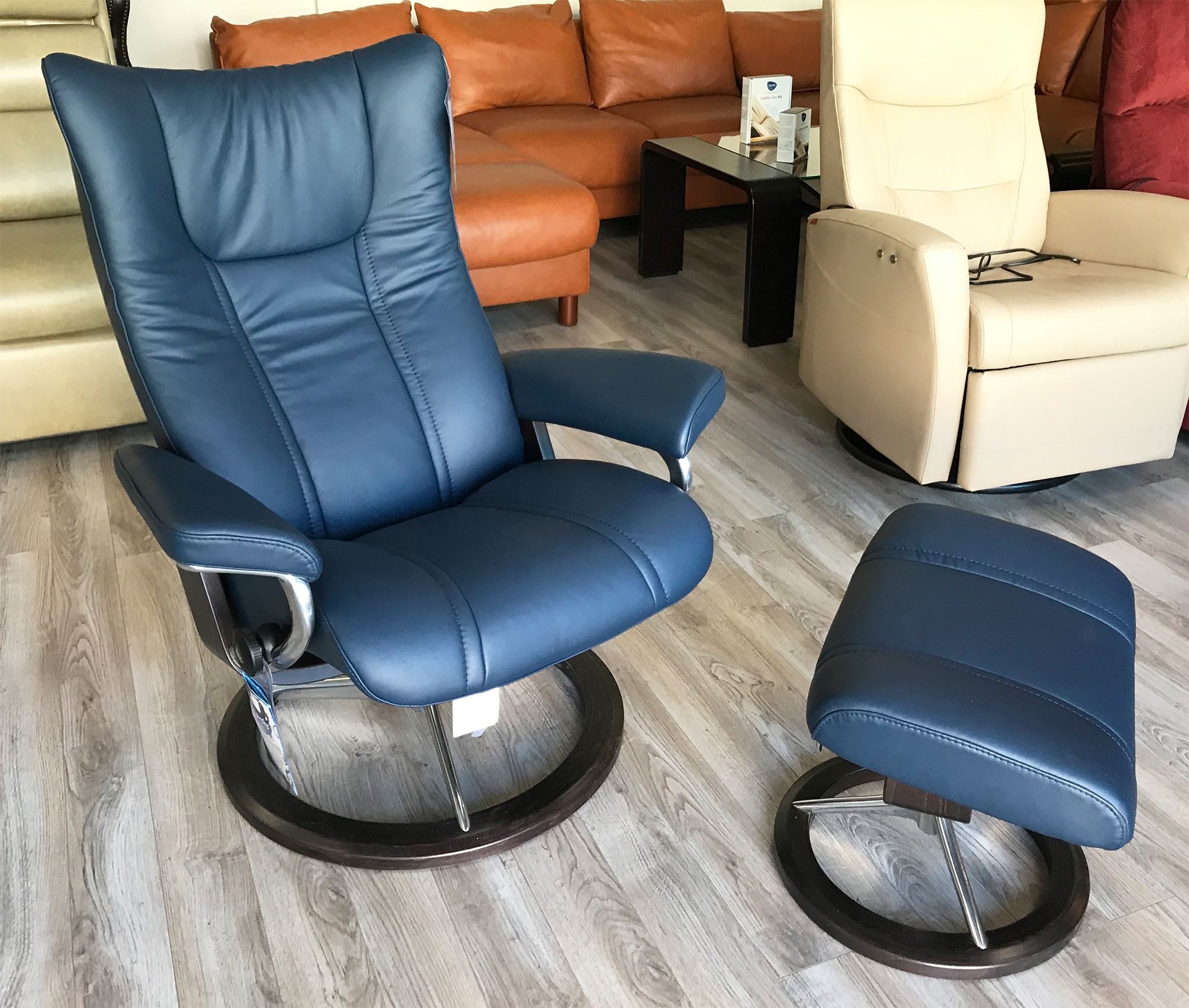 Stressless Wing Signature Base Paloma Oxford Blue Leather Recliner Chair and Ottoman by Ekornes