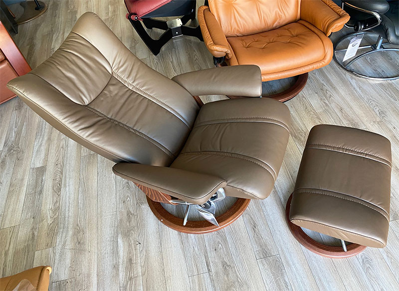 Stressless Wing Signature Polished Aluminum Base Recliner Chair and Ottoman in Paloma Chestnut Leather with Brown Wood Base