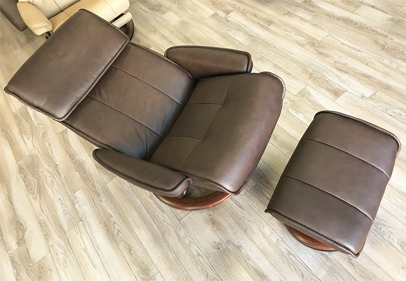Stressless Admiral Classic Base Paloma Brown Chocolate Leather Recliner Chair and Ottoman with Adjustable Headrest by Ekornes