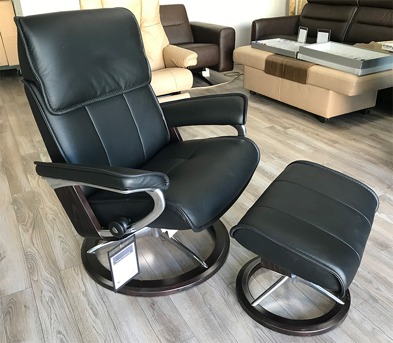 Stressless Admiral Signature Chrome Rocking Base Recliner Chair and Ottoman in Paloma Black Leather