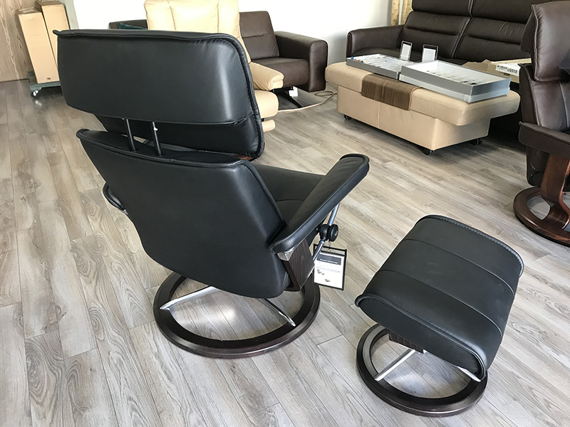 Stressless Admiral Signature Chrome Rocking Base Paloma Black Leather Recliner Chair and Ottoman by Ekornes