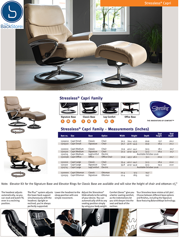 Stressless Capri Paloma Funghi Leather Recliner Chair and Ottoman Measurements by Ekornes