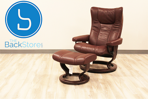 Stressless Eagle Large Wing Cori Amarone Color Leather Recliner Chair and Ottoman