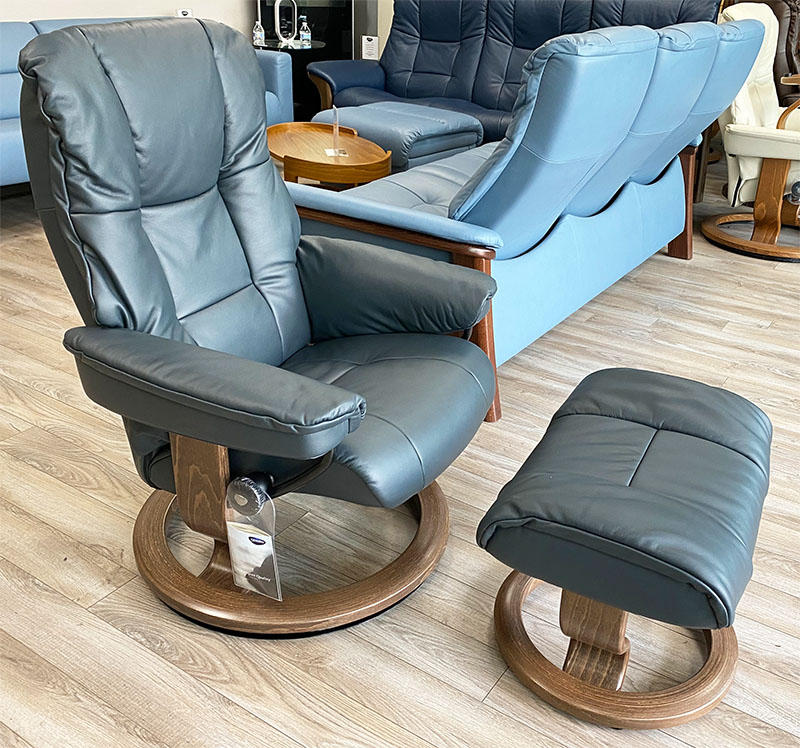 Stressless Mayfair Classic Base Paloma Shadow Blue Leather Recliner Chair and Ottoman with Walnut Wood Base by Ekornes