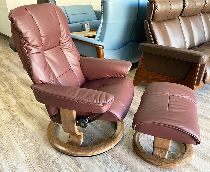 Stressless Mayfair Classic Base Paloma Bordeaux Leather Recliner Chair and Ottoman by Ekornes