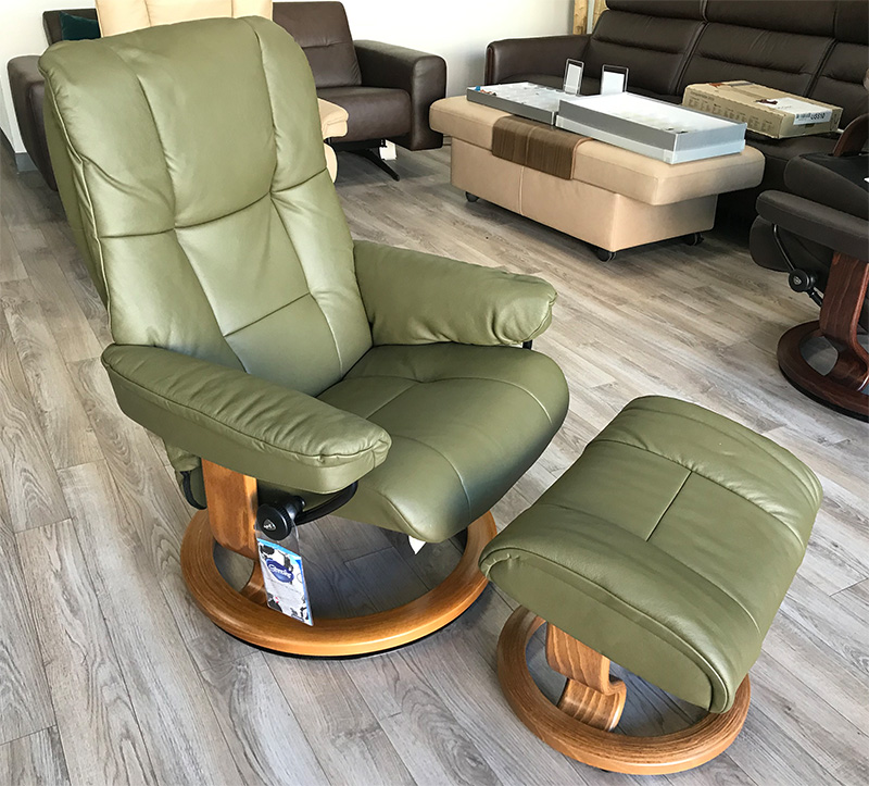 Stressless Mayfair Classic Base Paloma Dark Olive Leather Recliner Chair and Ottoman by Ekornes