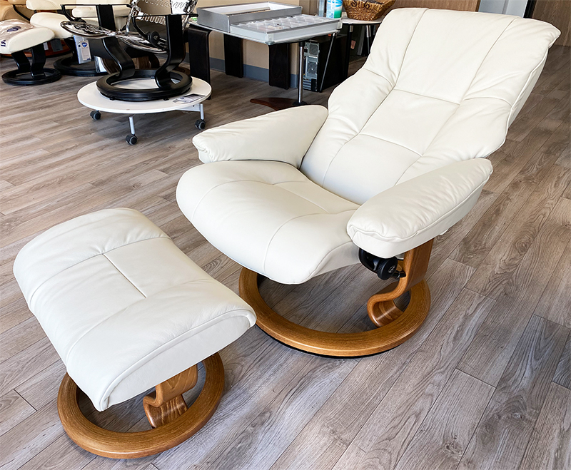 Stressless Mayfair Paloma Light Grey Leather Recliner Chair and Ottoman with Classic Teak Wood base by Ekornes