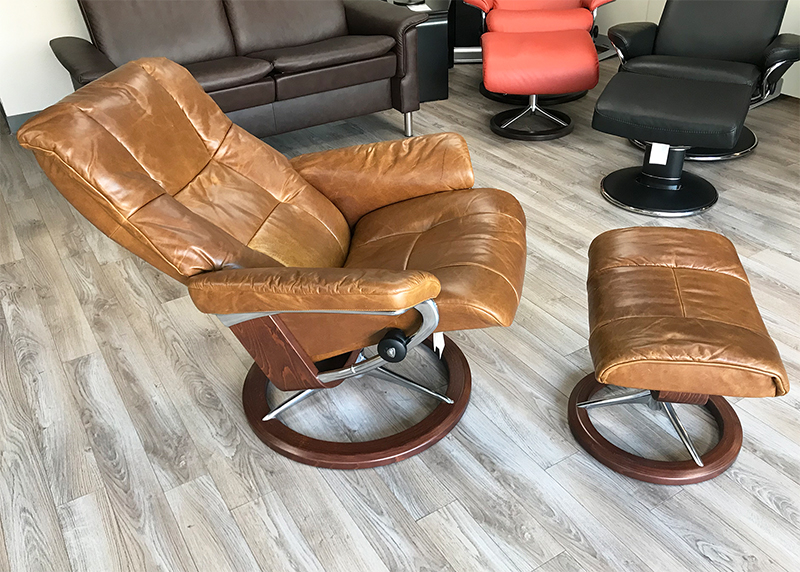 Stressless Mayfair Pioneer Olive Brown Leather Recliner Chair and Ottoman by Ekornes