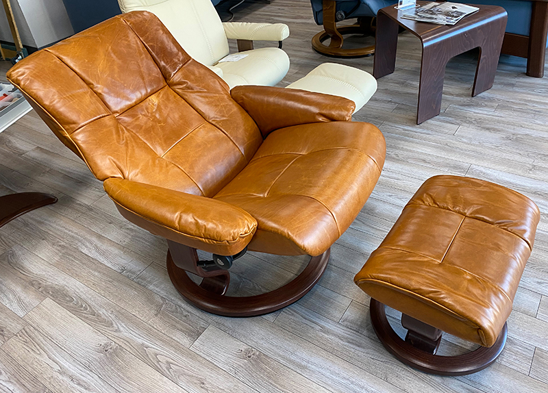 Stressless Mayfair Pioneer Cognac Leather Recliner Chair and Ottoman by Ekornes