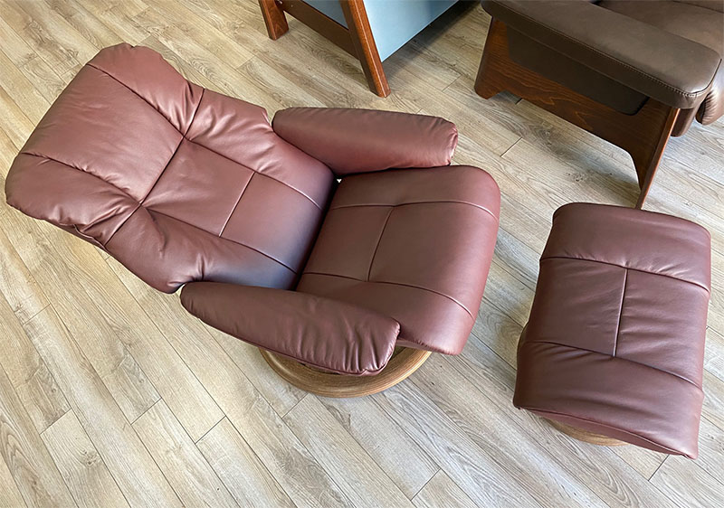 Stressless Mayfair Classic Base Paloma Bordeaux Leather Recliner Chair and Ottoman by Ekornes