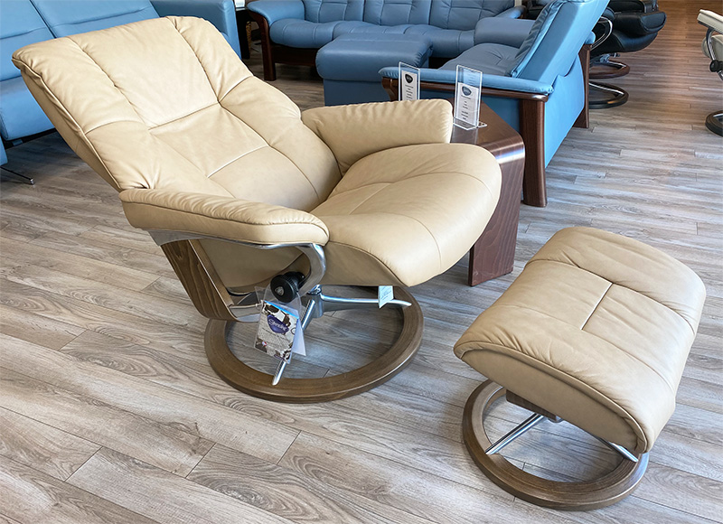 Stressless Mayfair Signature Chrome Base Walnut Wood Paloma Sand Leather Recliner Chair by Ekornes