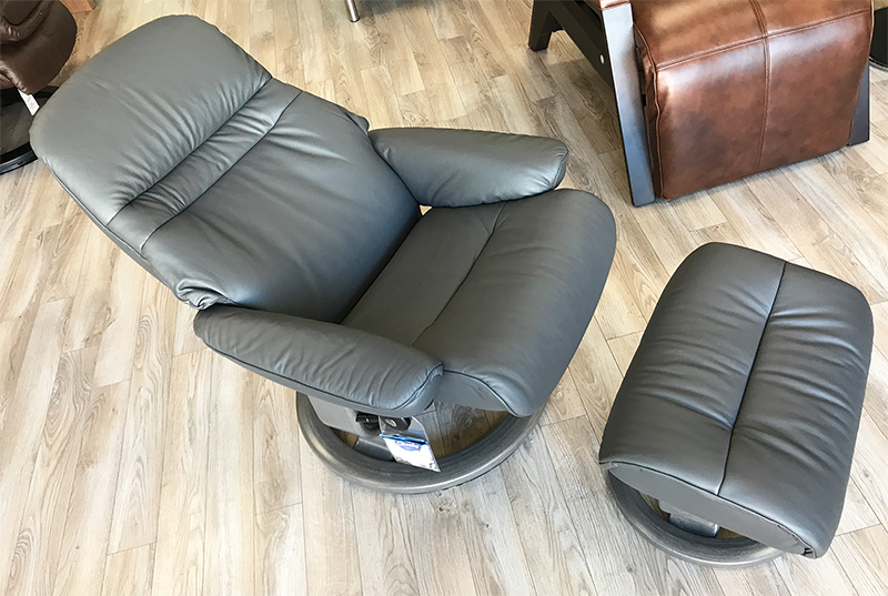 Stressless Sunrise Paloma Rock Leather Recliner Chair with Grey Wood Stain Base and Ottoman