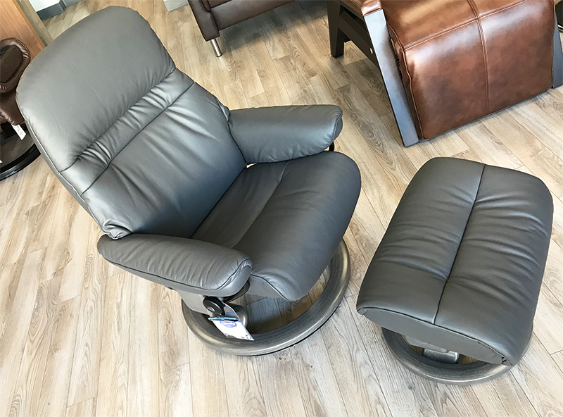 Stressless Sunrise Paloma Rock Leather Recliner Chair with Grey Wood Stain Base and Ottoman