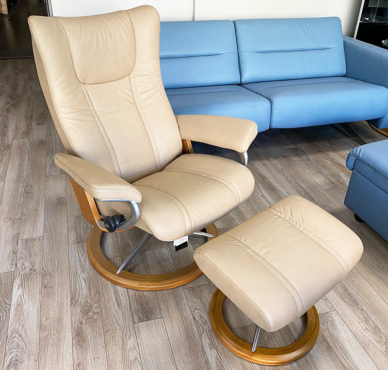 Stressless Wing Signature Chrome Base Recliner Chair and Ottoman in Paloma Sand Leather