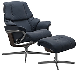 Stressless Reno Cross Polished Aluminum and Wood Base Recliner Chair and Ottoman
