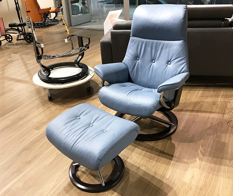 Stressless Sky Recliner Chair and Ottoman in Paloma Sparrow Blue Leather by Ekornes