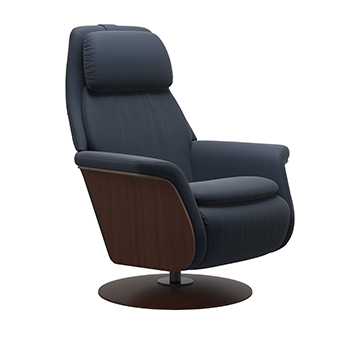 Paloma Oxford Blue Leather Stressless Sam Wood Swivel Recliner Chair by Ekornes