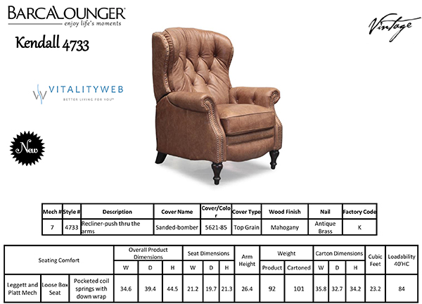 Barcalounger Kendall 4733 Leather Recliner Chair Dimensions