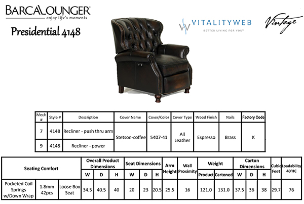 Barcalounger Presidential II 4148 Leather Recliner Chair Dimensions