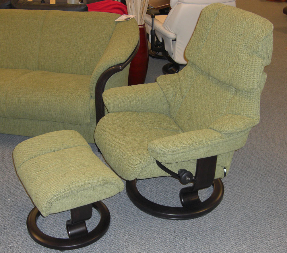 Stressless Reno Green Fabric Recliner Chair and Ottoman - Walnut Wood