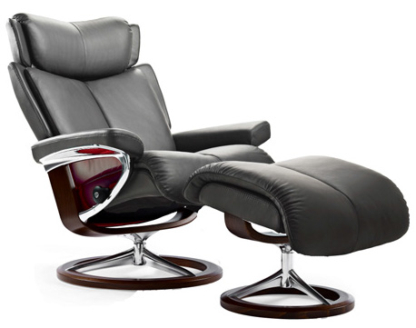 Stressless Magic Signature Chrome Wood Base Recliner Chair and Ottoman - Black