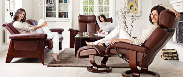 Stressless Wizard High Back Sofa, LoveSeat and Chair in Royalin Brown leather and Walnut Wood Accents