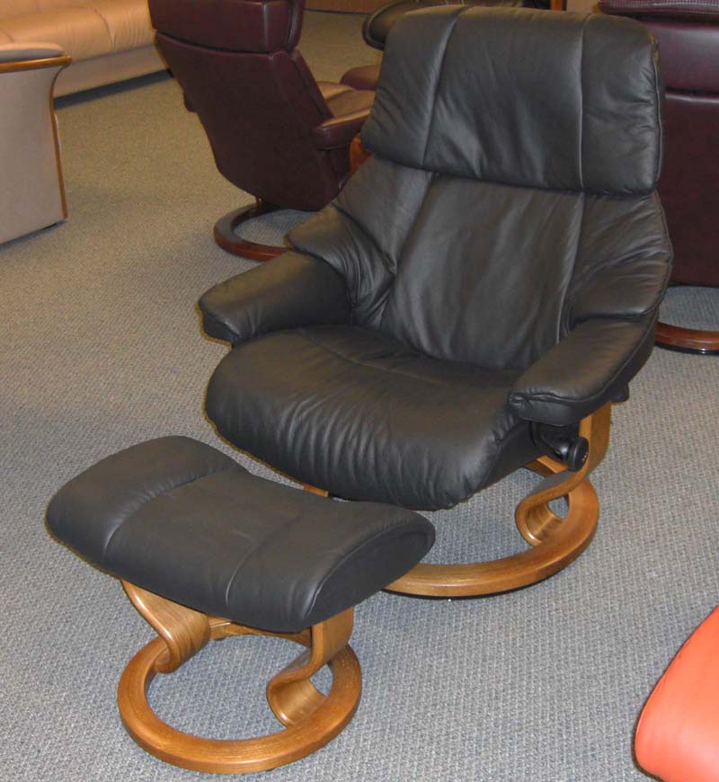 Stressless Reno Black Paloma Leather Recliner Chair and Ottoman - Cherry Wood