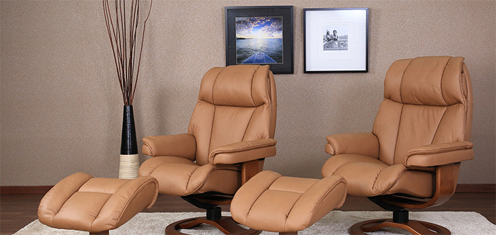 Fjords General Ergonomic Recliner Chair and Ottoman in Hassel Leather 