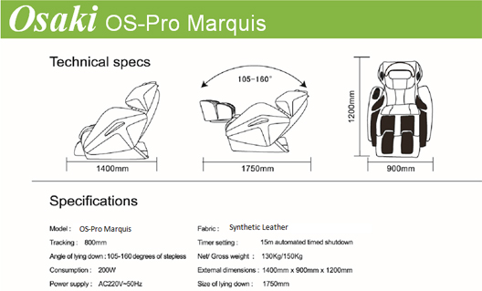 Osaki OS-Pro Marquis Zero Gravity Massage Chair Recliner Specifications