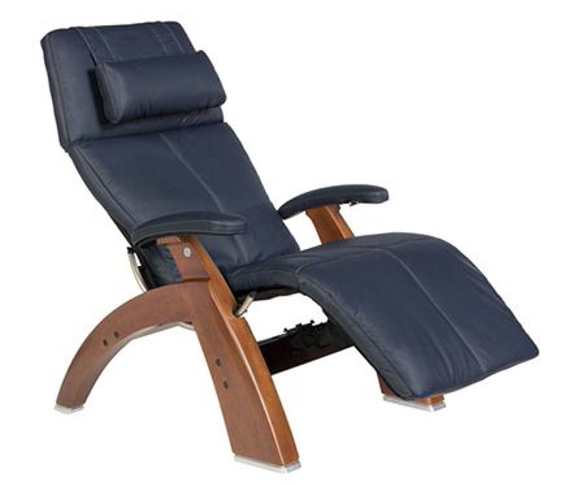 Navy Blue Top Grain Leather with a Walnut Wood Base Series 2 Classic Perfect Chair Zero Gravity Power Recliner by Human Touch